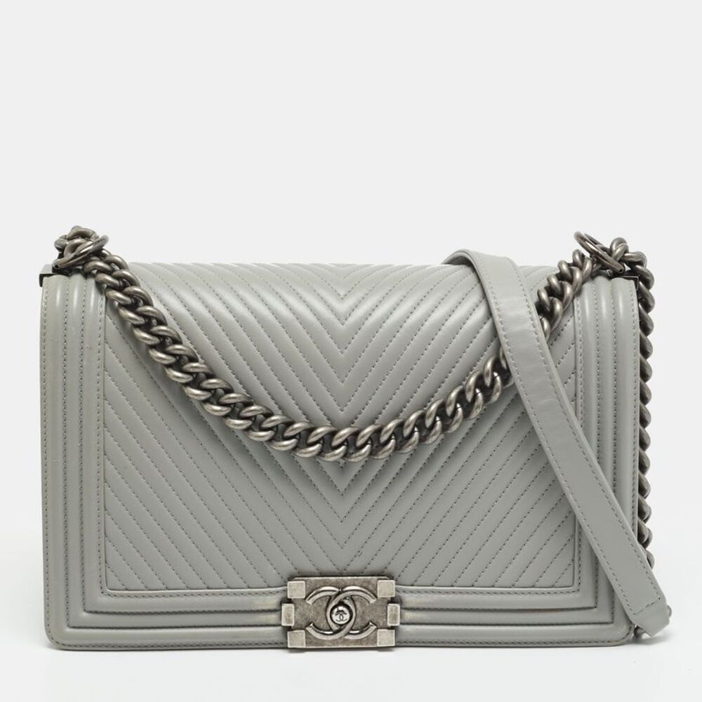 Chanel Boy New Medium Grey Chevron Leather Flap Bag